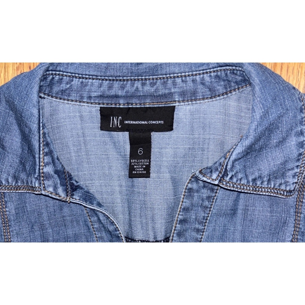 INC Denim Dress 6 Western Cowgirl W/Tie Belt L-sleeve Button Front Indigo Boho - Picture 6 of 11